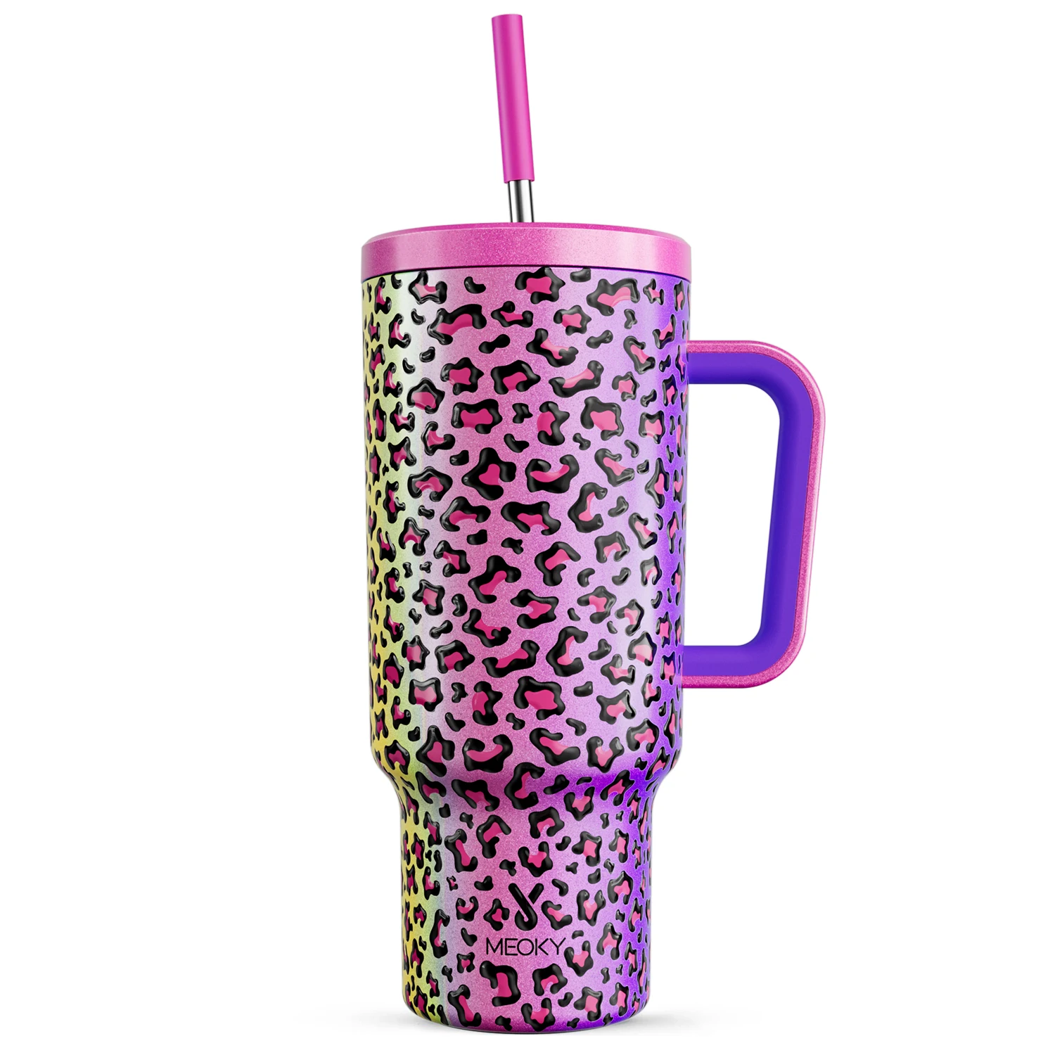 

Meoky 40oz с переключателем и соломинкой Cup с ручкой, Изолированная бутылка для воды с леопардовым принтом, герметичная чашка