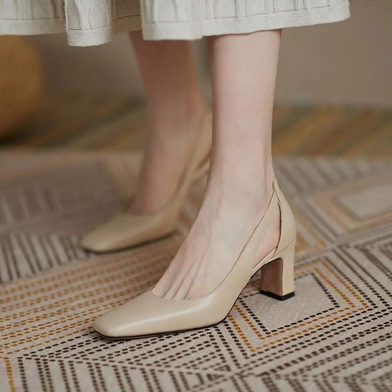 Office Ladies Summer Footwear High Heels Pumps On Heeled Square Toe Shoes For Women 2024 Fashion Leather Casual Slip A Vacation 4