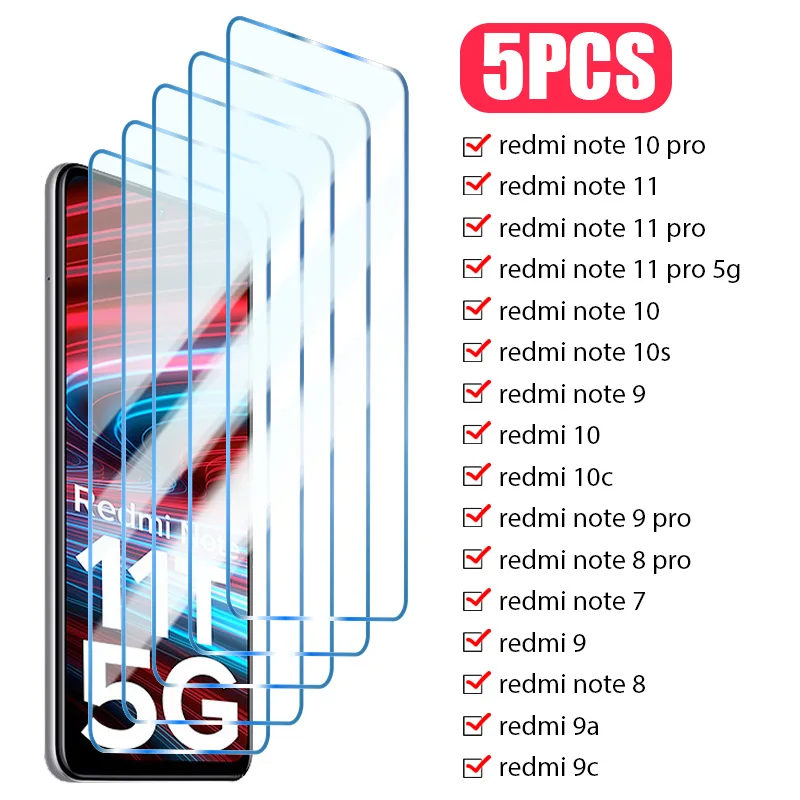 5Pcs Tempered Glass For Xiaomi Redmi Note7 8 9 10 11 12 Pro 5G Screen Protector Redmi Note 8T 9T 9S 10S 11S 10 5G 11 12 Pro Plus