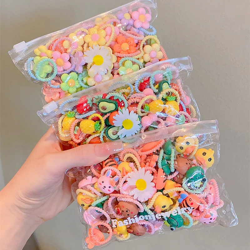 20Pcs  Cute Children's Cartoon Fruit Girl Hair Circles Cartoon Animal Rubber Band Hair Accessories Baby No Harm Hair Rope