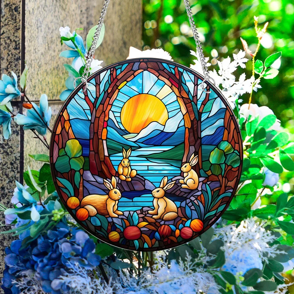 ウェッブ ステンドグラス Rabbitトロント・ステンドグラス社イースターバニー Happy Easter Rabbit Flower Acrylic Hanging Decoration Stained