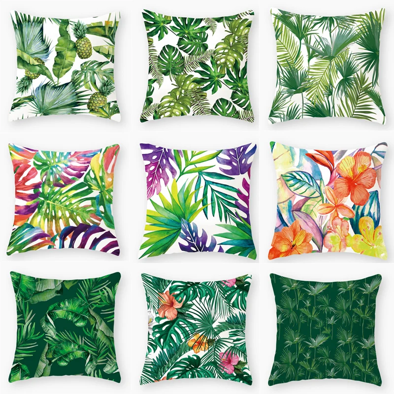 

Tropical Leaves Cushion Cover 45*45cm Green Leaves Flowers Throw Pillows Sofa Home Decor Decoration Decor Pillowcase