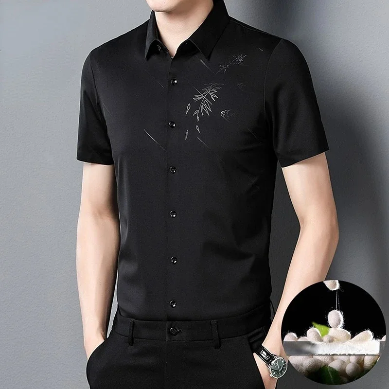 

Рубашка с коротким рукавом для мужчин, летняя Новинка 100%, высококачественный Шелковый топ без железа, одежда из натурального шелка тутового шелкопряда