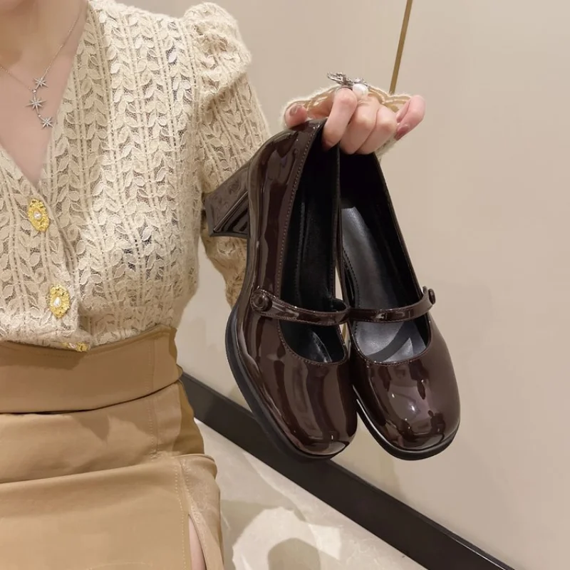 Vintage Thick High Heels Mary Jane Shoes Women 2022 Patent Leather Brown Shoes Woman Round Toe Chunky Heels Pumps Mujer New