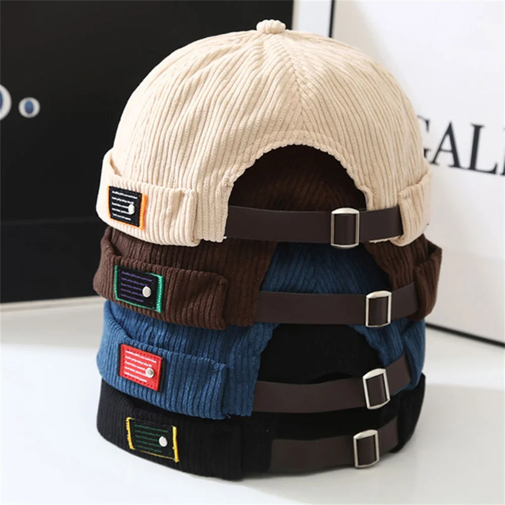 Corduroy Caps Unisex Corduroy Solid Color Brimless Caps for Men Women Streetwear Hip Hop Hats Retro Beanie Docker Caps Adjustable Dome Hats