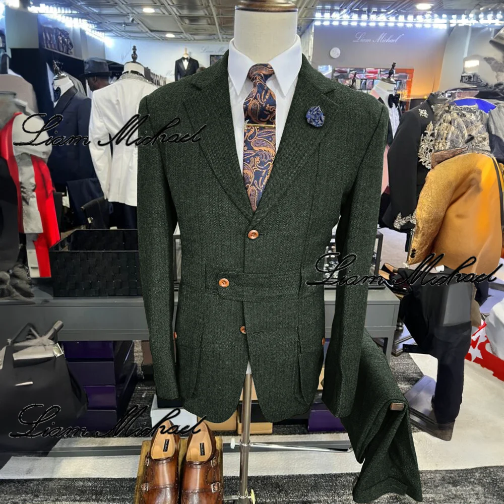 Men's Vintage Suit 2 Piece Herringbone Jacket Pants Formal Office Workwear Wool Party Dress Groom's Tuxedo