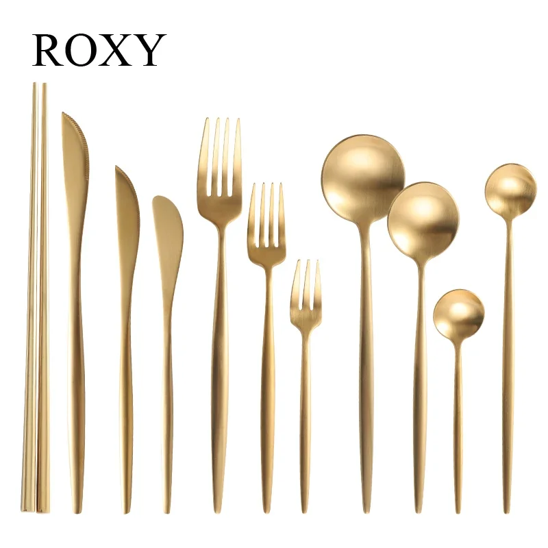 Matte Gold 18/10 Stainless Steel Luxury Cutlery Dinnerware Tableware Knife Spoon Fork Chopsticks Flatware Set Dishwasher Safe