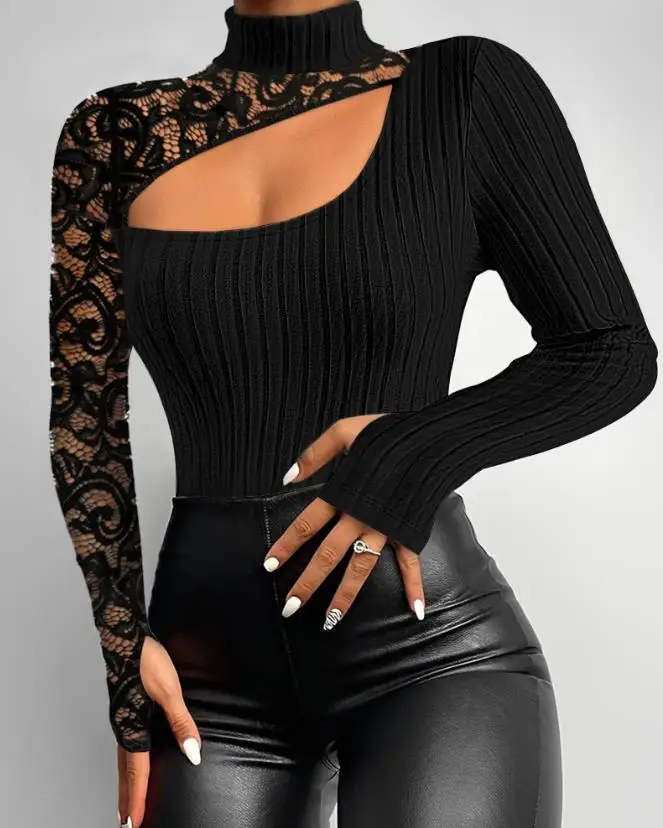 

Temperament Commuting New Long Sleeves Daily Medium Stretch Semi Sheer Cutout Lace Patch Mock Neck Sexy Ribbed Top for Women