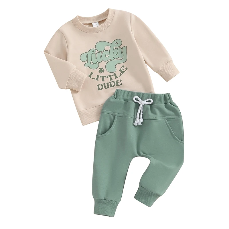 

Костюм для маленьких мальчиков на День Святого Патрика из 2 предметов свитшот с длинным рукавом и буквенным принтом и зеленые эластичные брюки для малышей на осень