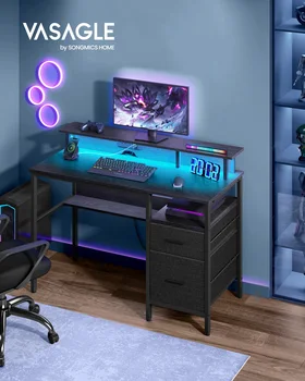 VASAGLE Gaming Desk with LED Lights and Built-In Power Outlets, Computer Desk with Monitor Shelf, Corner Desk, 120x55x89cm