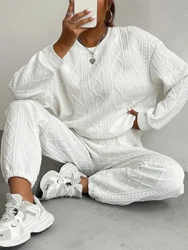 White Knit Two Piece Set Women Pant Sets Clothes Outfit 2 Piece 1