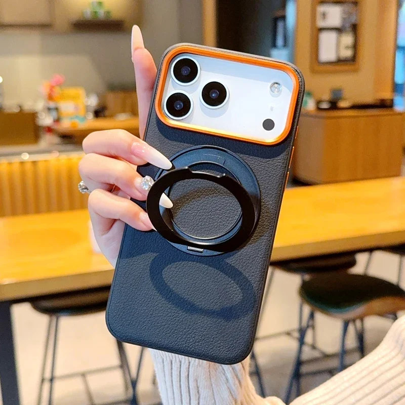 Magnetic Luxury PU Leather Case with Rotatable Ring Stand and Anti-Fall Protection