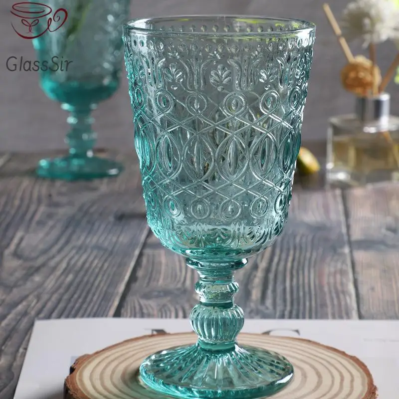 Drinking Glass 2Pcs Vintage Relief Wine Glass Cups Color Embossed Goblet Home Juice Water Cup Wedding Party Champagne Cocktail Cup Gift 350Ml