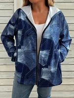 Plus Size Women's Denim Patchwork Hoodie, Zip - Up, Casual Fall & Daily Outfit，fashion long-sleeve women‘s Sweatshirt