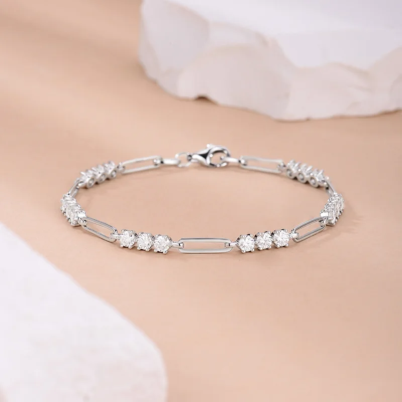 Cloud-Moissanite Pulseiras de Diamante para Mulheres, Clipe de Papel Corte Redondo, Corrente de Prata Esterlina 925, Presente Fine Jewelry, 3,0mm