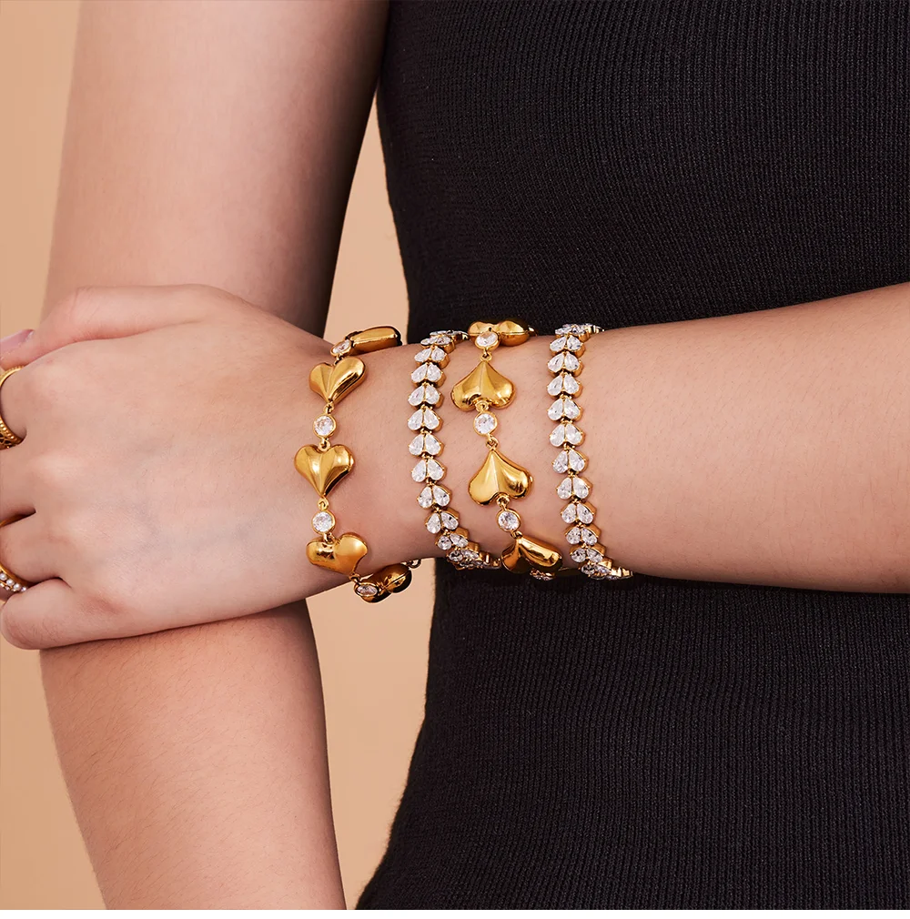 316 Edelstahl 18 Karat vergoldetes Armband Damen glänzendes herzförmiges Zirkon-Ketten-Handarmband Femme Luxus-Schmuck Geschenk – Detail 4