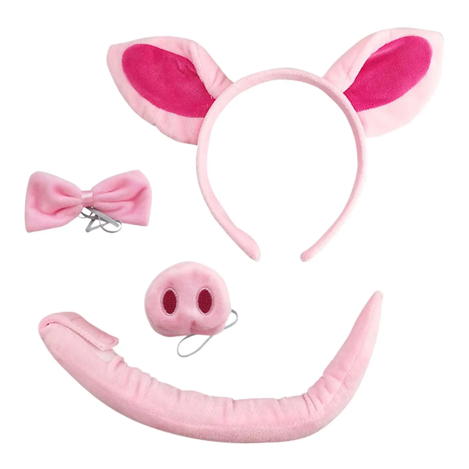 Pig Costume Hairband Elastic Strap Ears Headband Nose Bowtie Tail Cosplay Set for Carnival Animal Themed Parties Halloween Kids