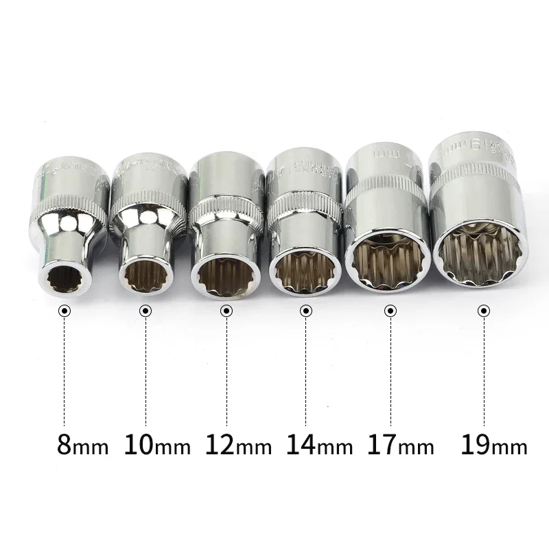 6Pcs 1/2 Inch Drive 12 Point Metric Mirror Socket Set for Wrench Cr-V Steel 8 10 12 14 17 19mm