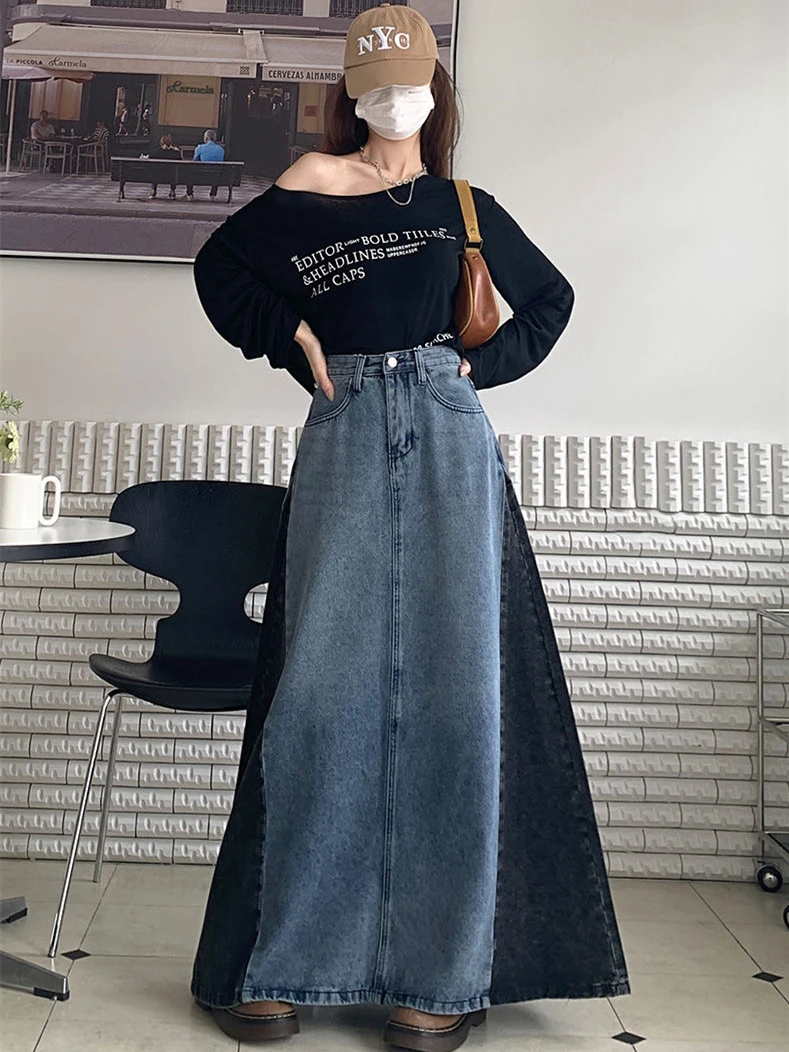 Women's A Line Denim Skirt, Maxi, Long, Casual, Floor-Length