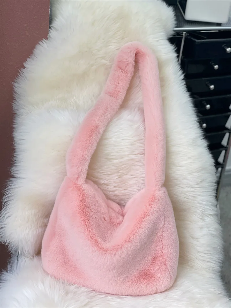 2000s Y2k Hot Girls Candy Color Rose Pink Plush Crossbody Shoulder Bag Women Winter Harajuku Street Fashion Faux Rabbit Fur Bags