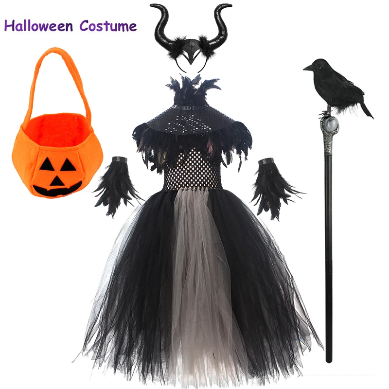 

Girls Fancy Pumpkin Halloween Dress Kids Cosplay Bat Print Witch Costume Festival Party Ball Gown Children Princess Dress