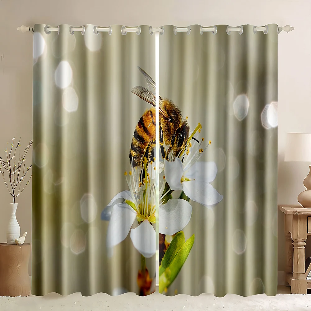 

Bee Window Curtains,Honey Bee White Daisy ,Geometry Honeycomb Earth Phase Wildlife Digital Print Pattern Blackout Curtains