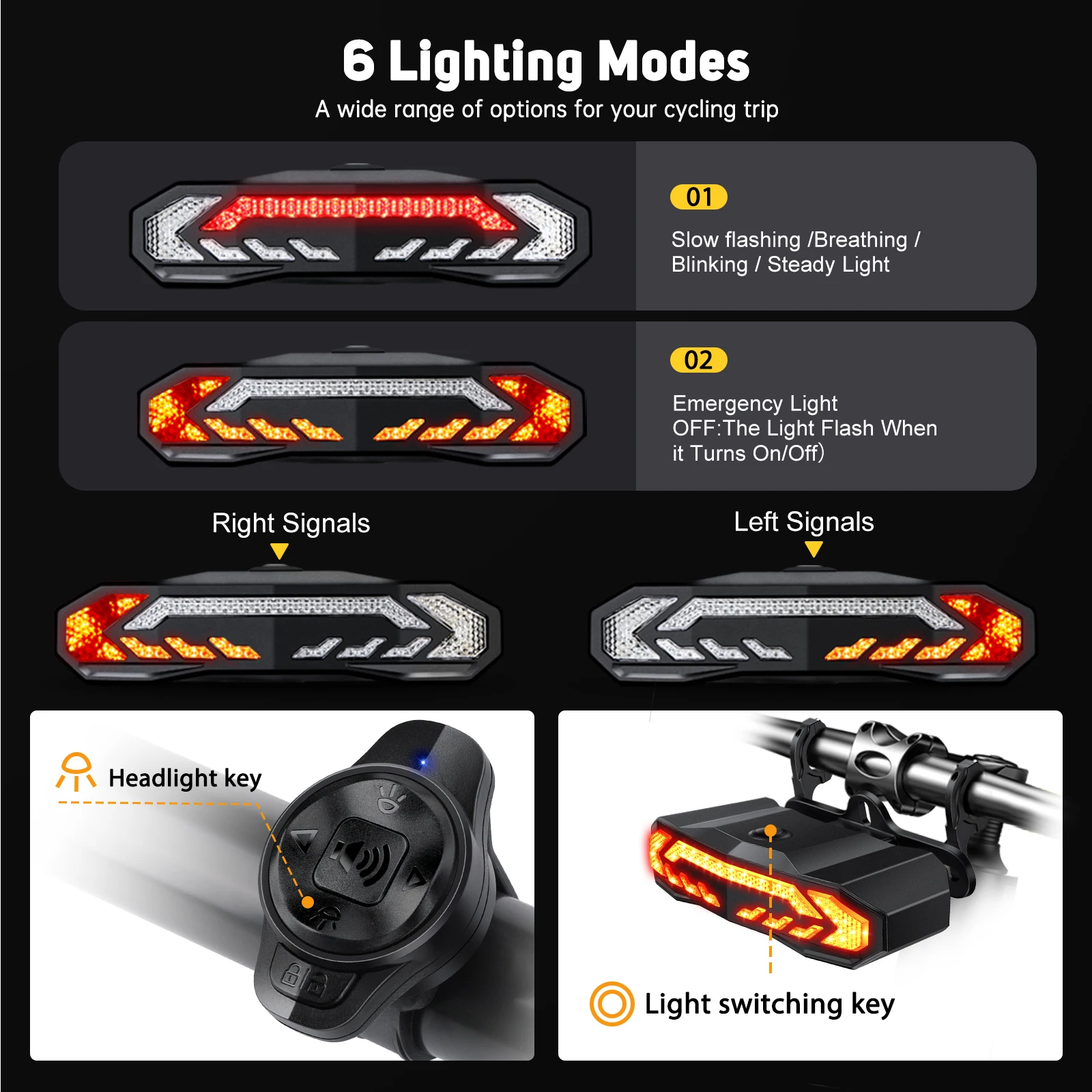 Wsdcam Rechargeable Bike Headlight With Turn Signal Smart Vibration Bike Alarm 110dB Anti Theft for Mountain Safety