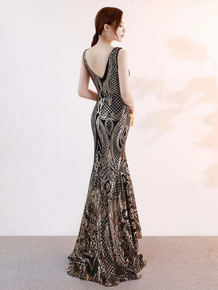Asymmetrical Floor-Length Tulle Sequins V-Neck Sleeveless Party Dresses Embroider Vestidoes Formal Robe De Soriee For Women