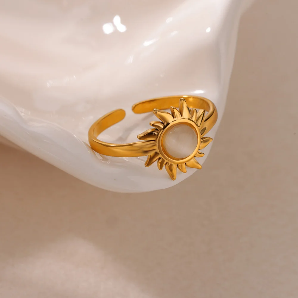 Fashion Opal Sun Rings Gold Color Stainless Steel Adjustable Ring