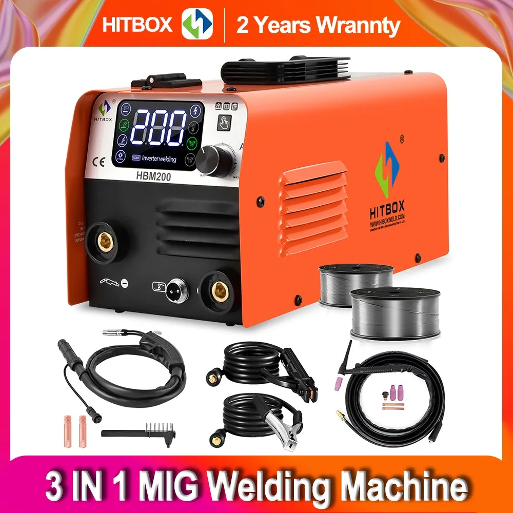 Hitbox 3 In 1 Saldatrice Mig Hbm200 Saldatrice Semiautomatica Mma/Arc Tig Welderinverter Saldatore Mig-Gasless Portatile Per La Casa