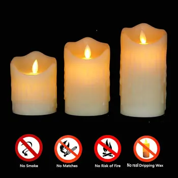 Set of 3 USB Rechargeable Flickering Dripped Paraffin Wax Pillar Candle lamp Remote control w