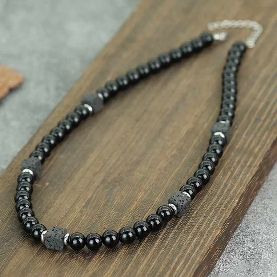 Men Black Lava Onyx Obsidian Stone Choker Necklace