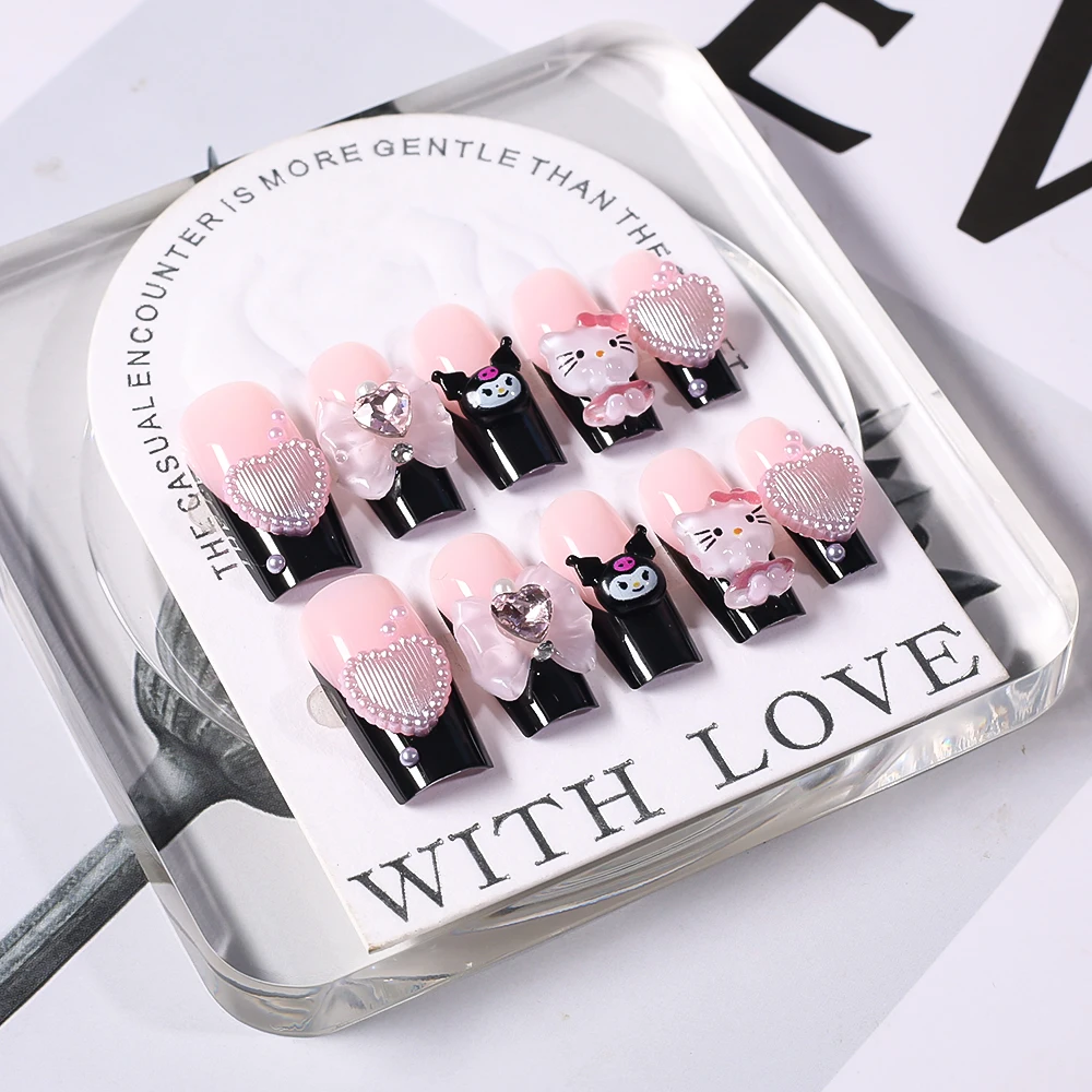 24개입 3D 헬로키티 쿠로미 Y2K 프레스온 네일 핑크 리본 하트 펄 라인스톤 관 모양 가짜 손톱 풀커버 프렌치 네일  _