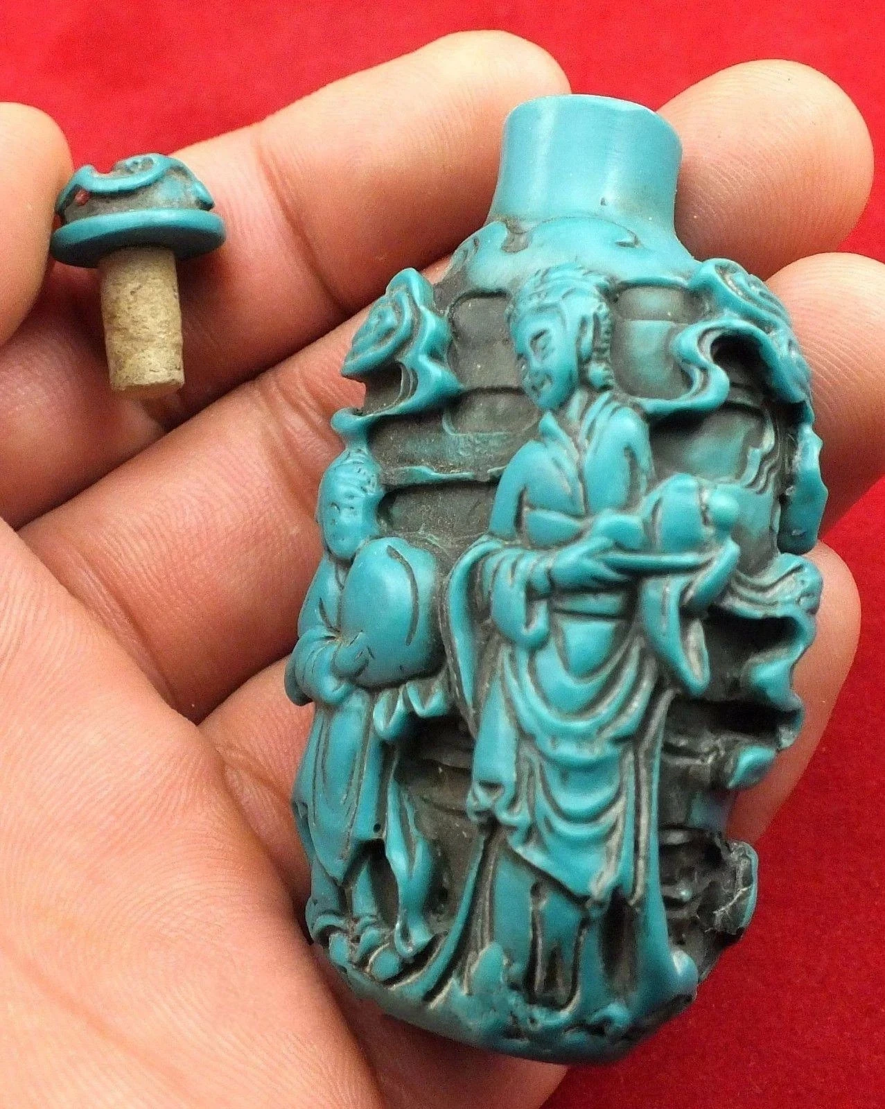 Bottiglia Da Collezione Rara Vintage Orientale Intagliata Turchese Longevità Old Man Shou Star Blue Snuff Bottle