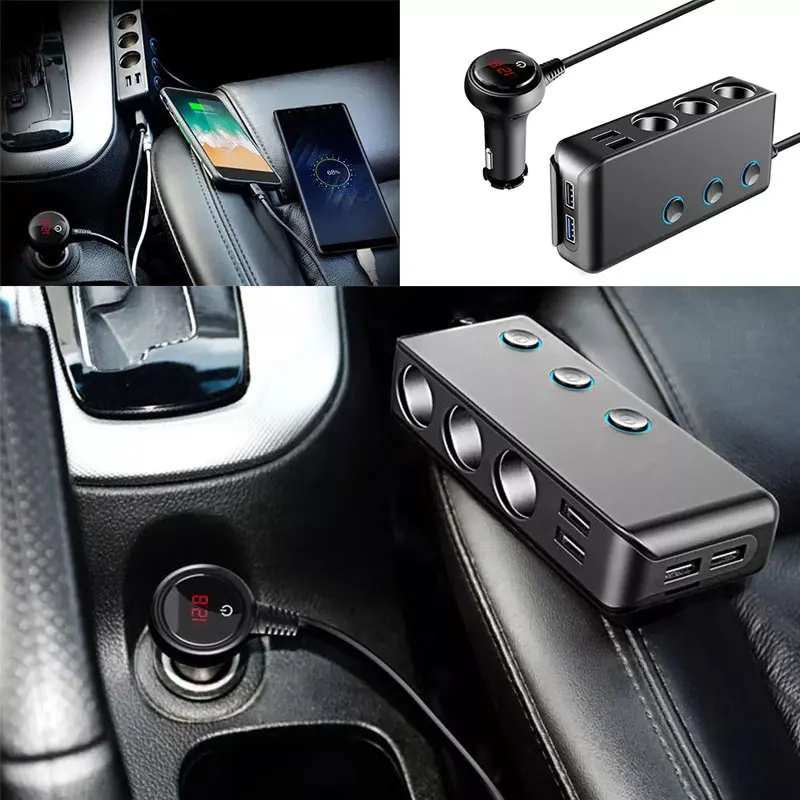SEAMETAL Car Charger QC3.0 Fast Charging Cigarette Lighter Adapter 4 USB Ports 120W Phone Charger with Switch Voltage Display 6