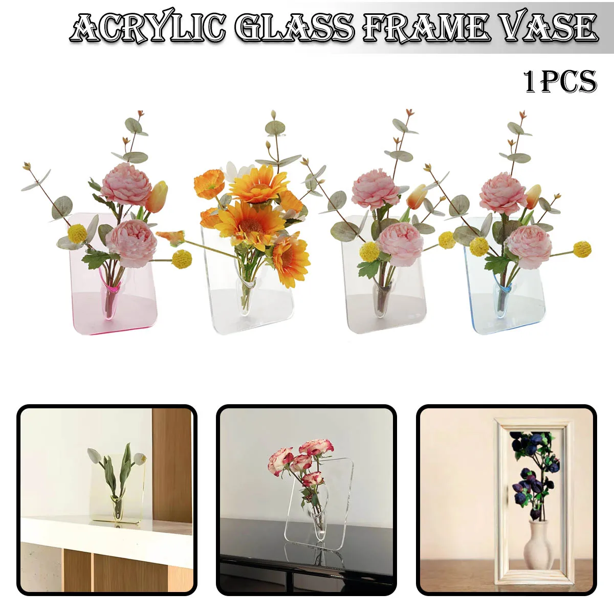 

Clear Acrylic Photo Frame Vase Minimalist Artistic Rectangle Flower Vase Modern Living Room Office Vase Home Decorations