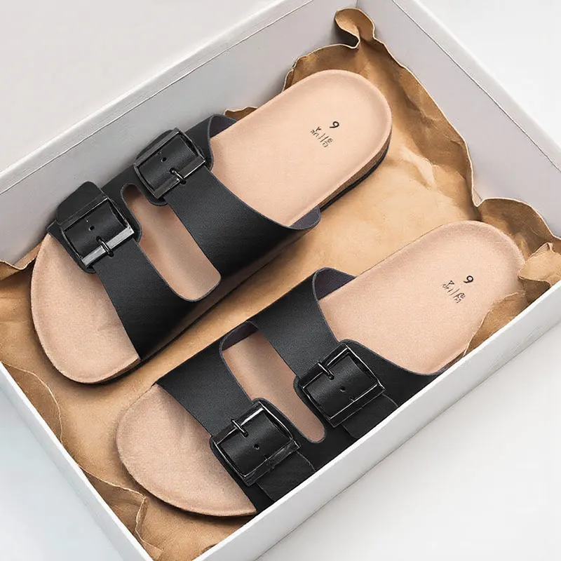 Cork Mules Sandals Leather Retro Buckle Slippers Size 35-46 Unisex Beach Anti-Slip Thick Sole Summer Fashion Footwear, view 6