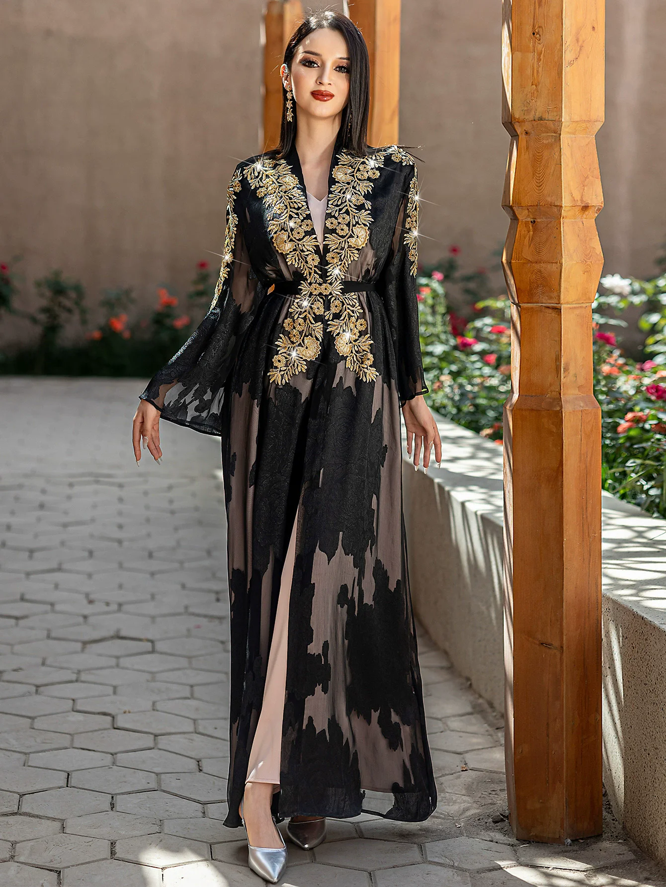 Ramadan Muslim Fashion Women's Black Gold Lace Embroidered