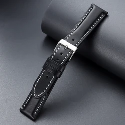 Classic Brown Leather Watch Strap with Pin Buckle - Vintage Oil Wax Finish - 22mm (Black)