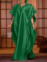Plus Size 5XL VONDA Summer Maxi Dress Women Elegant Short Sleeve Ruffled Satin Party Sundress 2023 Casual Loose Solid Color Robe - Image 3