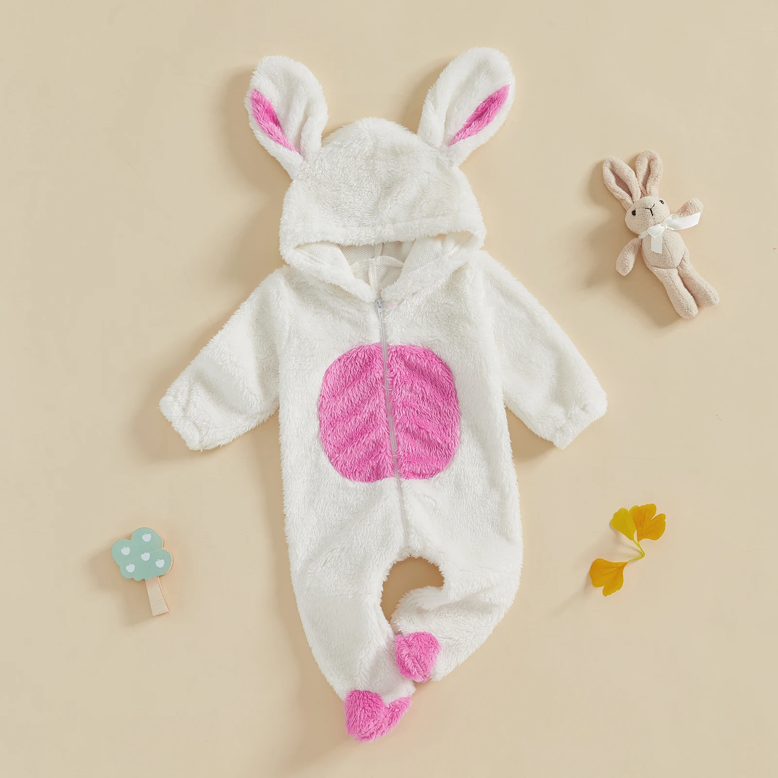 FOCUSNORM 0-18M Autumn Winter Baby Girls Boys Fur Jumpsuit Long Sleeve Hooded Contrast Color Zipper Closure Animal Footies