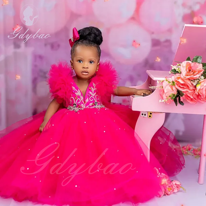 Rose Pink Flower Girl Dress For Wedding Applique Puffy Sleeveless Baby Kids Birthday Party First Communion Gowns