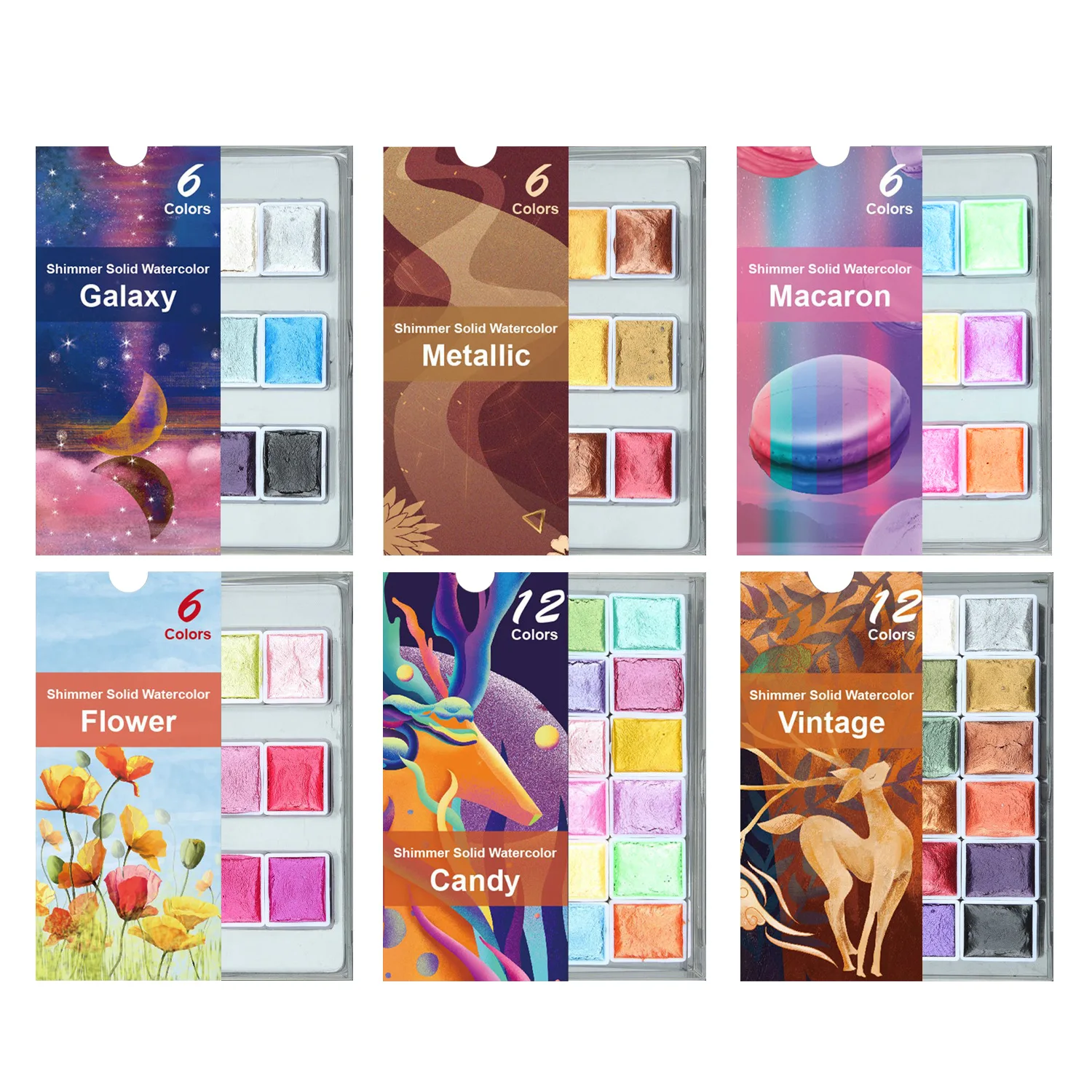 6/12 Colors Solid Watercolor Paint Set ,Metallic Macaron Shimmer Solid Pigment Professional Paint Drawing Art Supplies For Kids