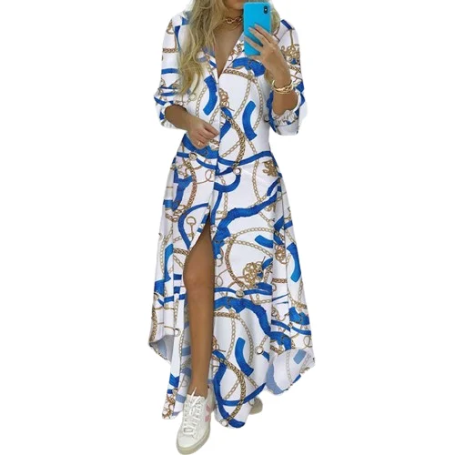 

Женское летнее платье с лацканами, V-образным вырезом, длинными рукавами и разрезом, модные платья с принтом для повседневной носки и поездок