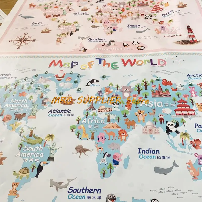 Blue Carton World Map Poster Size Wall Decoration Large Map of The World 140x93cm Waterproof Canvas Children's Bedroom