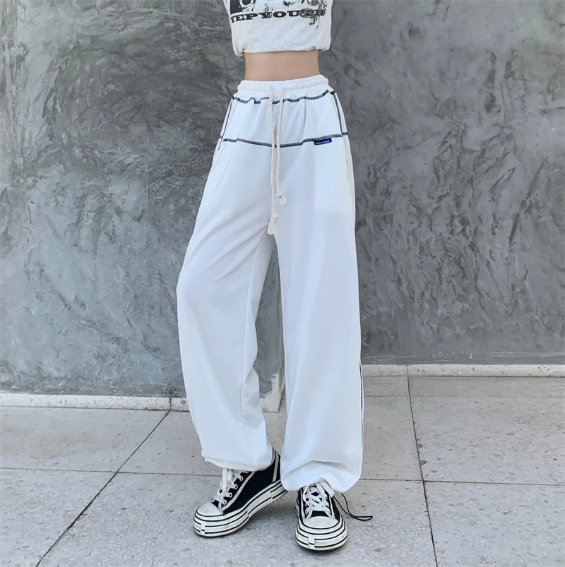 Fashion Bright Line Decoration Sweatpants Women Streetwear New Design High Waist Drawstring Baggy Wide Leg Pants