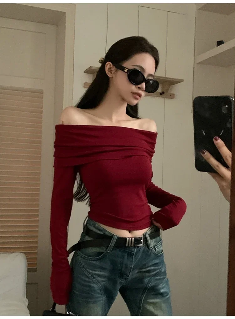 Camisetas con hombros descubiertos para mujer, camisetas casuales de manga larga lisas, tops cortos, ropa de calle, ropa de club, suéteres sexys con cuello torcido y cálidos