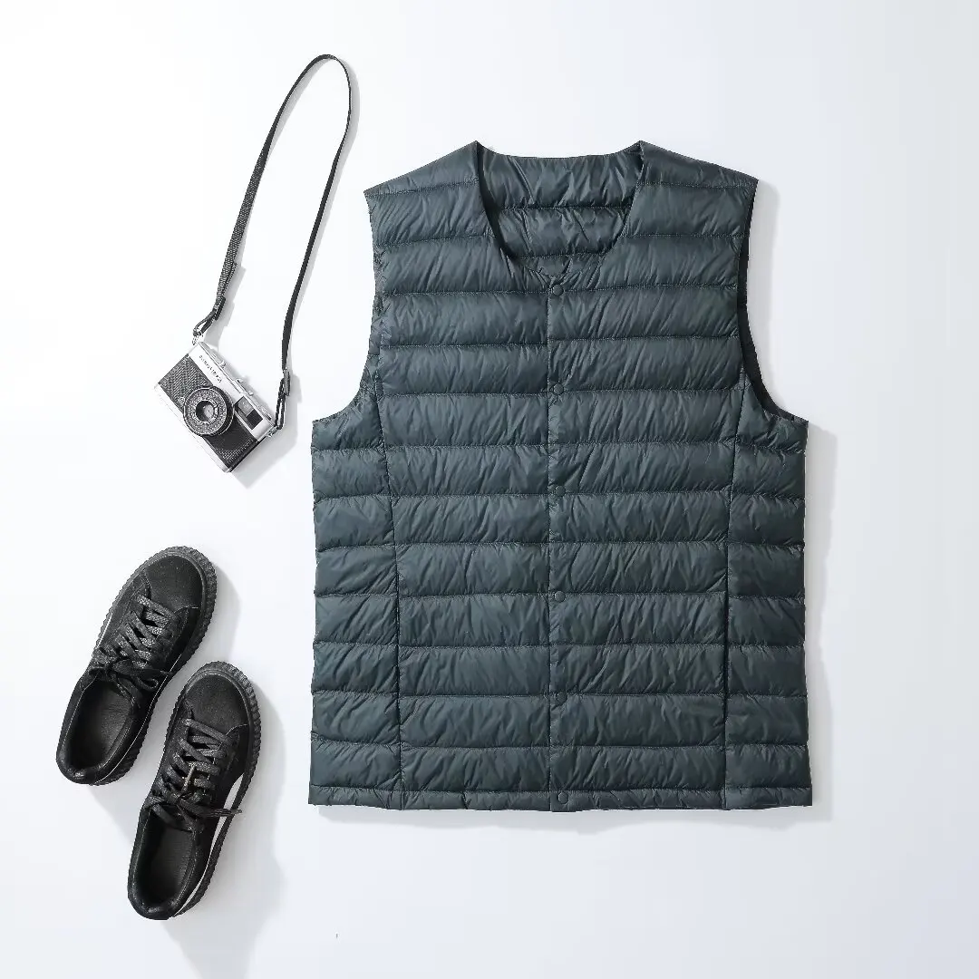 남성용 민소매 다운 라이너 조끼 2023 새로운 가을 겨울 초경량 Packable 따뜻한 화이트 오리 다운 남성 조끼 자켓