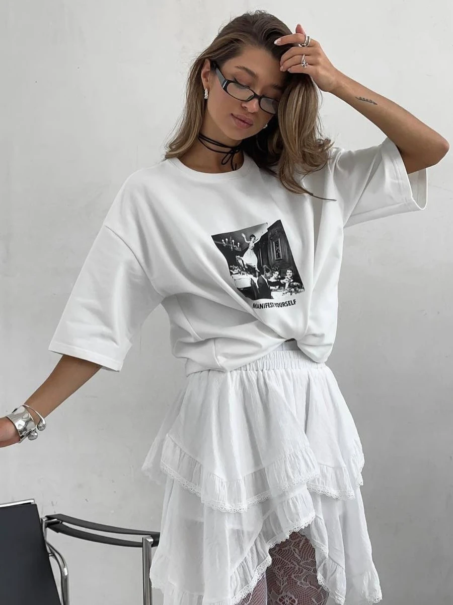 Sumuyoo Women's Printed T-shirt 100% Cotton Fashion White Vintage Short-sleeve Printing T Shirts Fashion Hip Hop Loose Tees 5