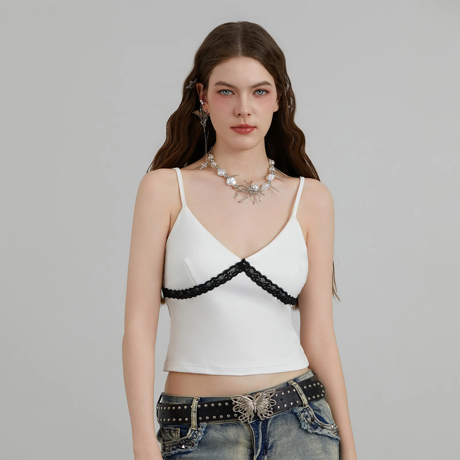 

Women's Summer Short Camis Tops Sleeveless Deep V Neck Lace Trim Cropped Camisole Tops Solid Color Slim Vest